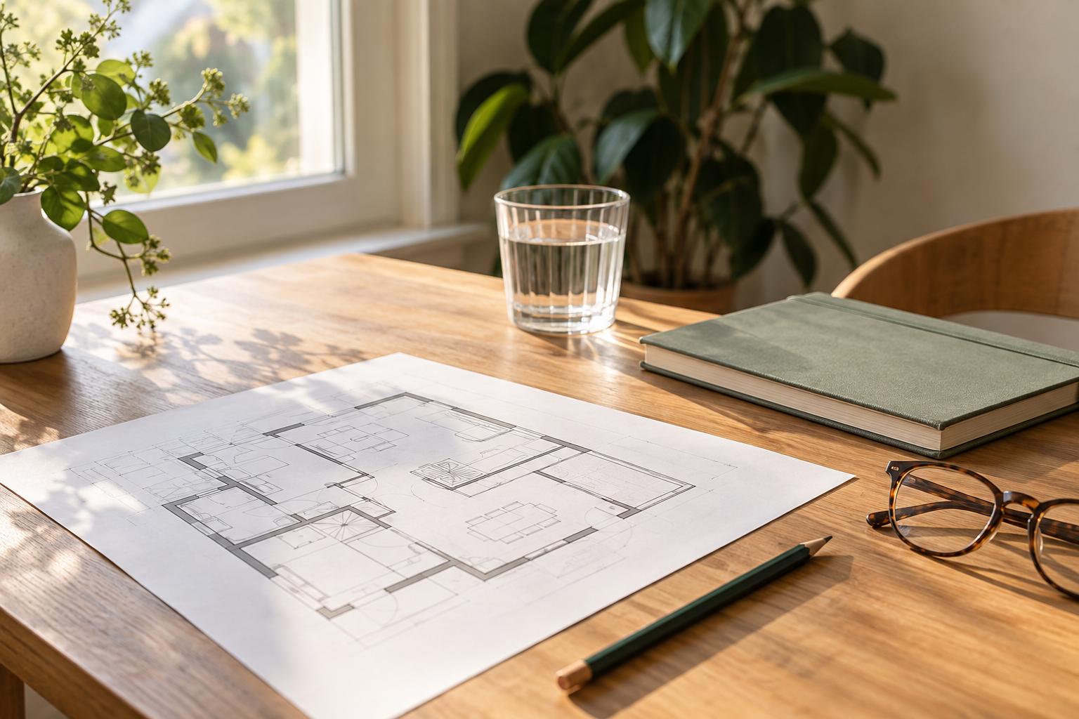 Grundriss und Notizbuch zur Vorbereitung eines Immobiliengesprächs
